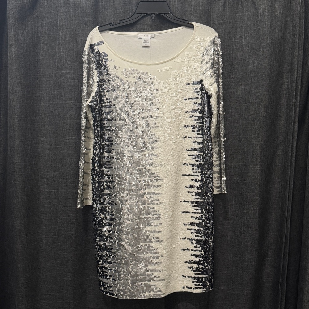 Joan Vass Silver Sequin Sheath Dress 3/4 Sleeve